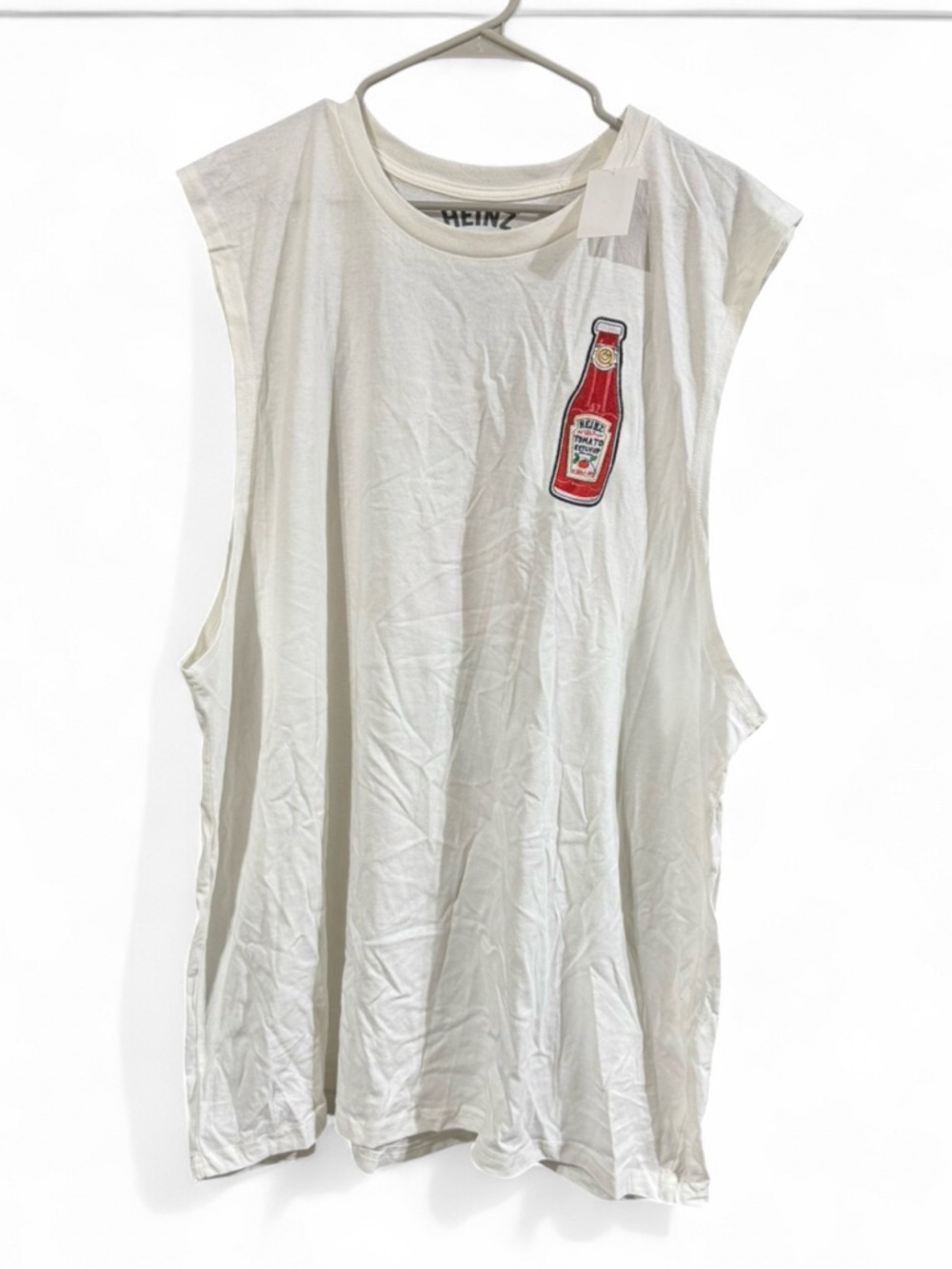 Men's Size XXL White Sleeveless Muscle Tank with Red Ketchup Patch